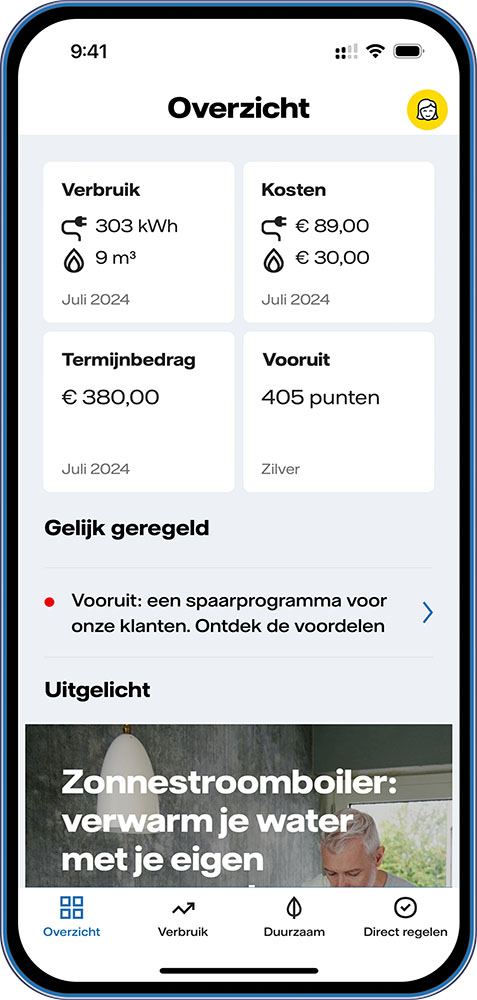 App in telefoonscherm laat het verbruik, kosten, termijnbedrag en puntenaantal zien.