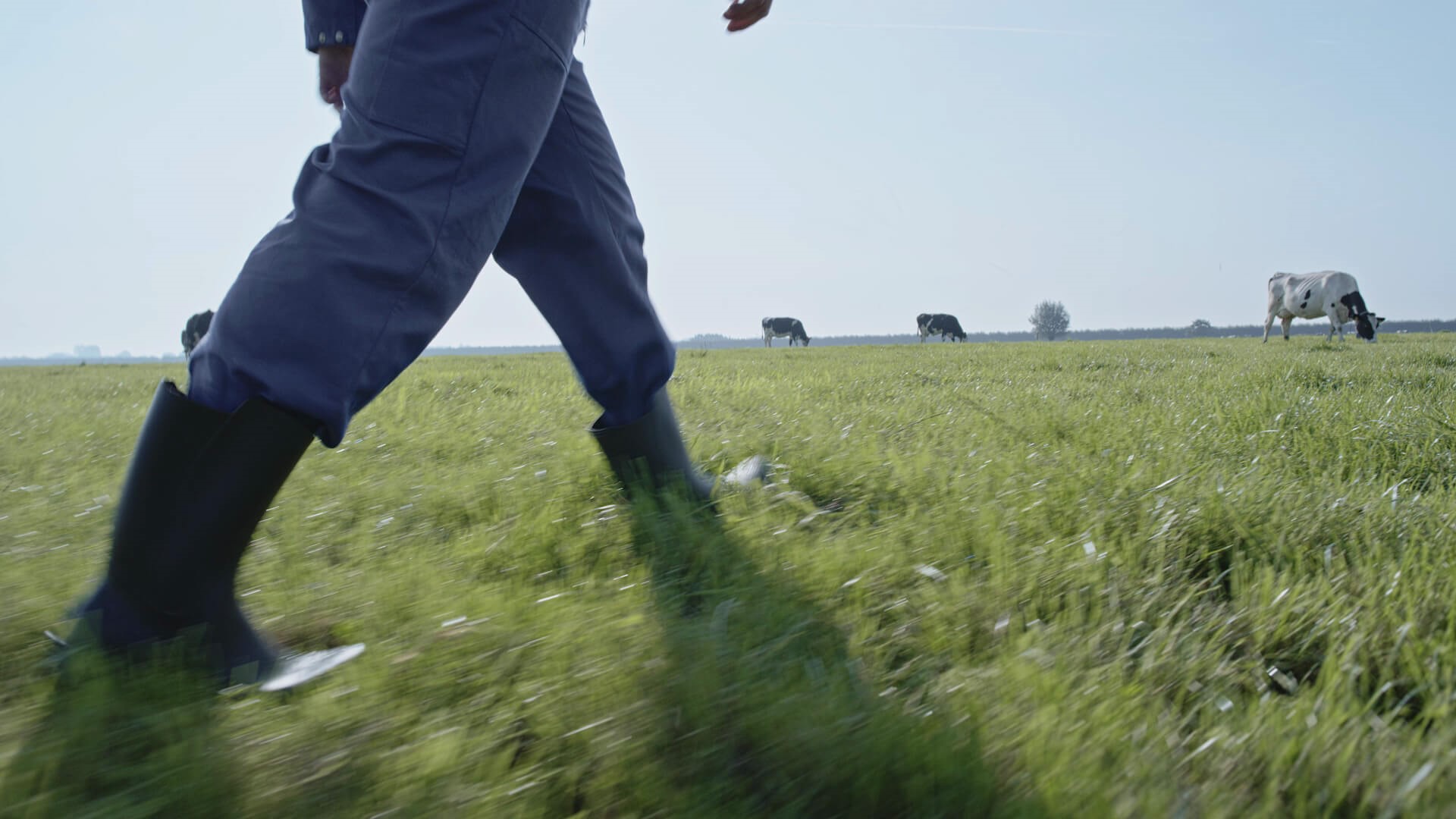 MAn met kaplaarzen die door een weiland loopt