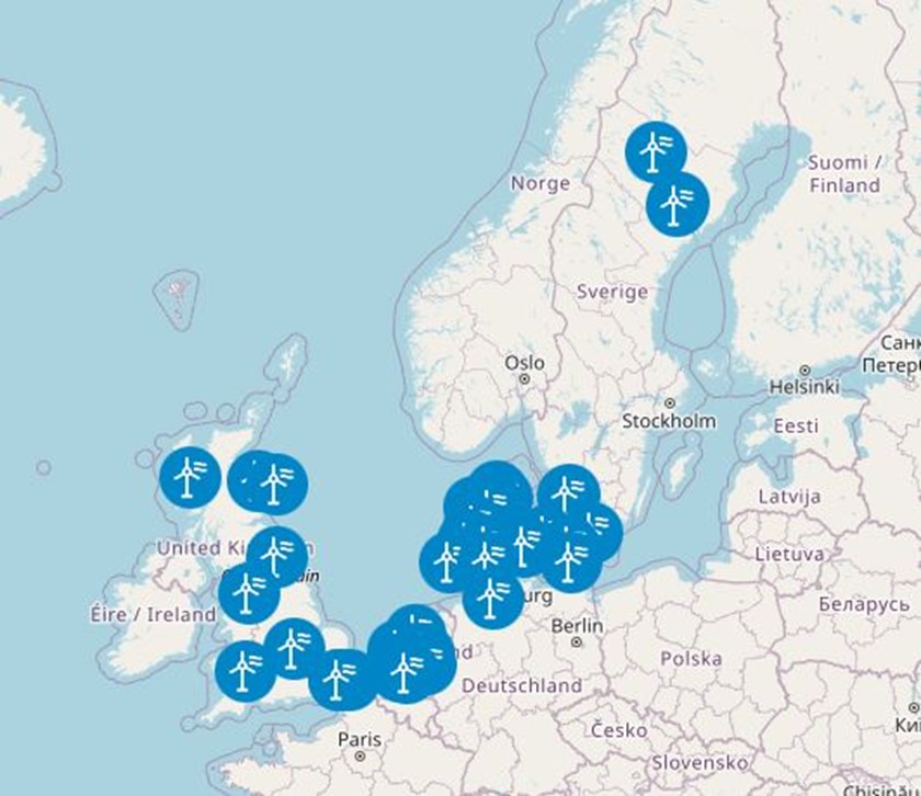 Kaart van Europa met daarop aangegeven de windparken van Vattenfall